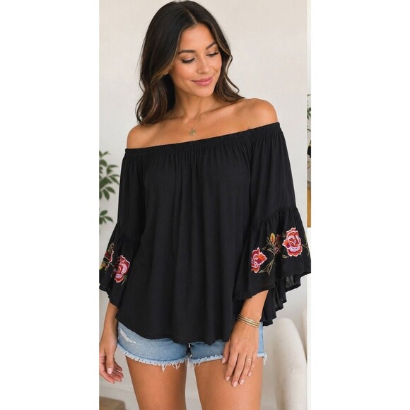 Feathers Tops - Feathers Boho Peasant Top Off Shoulder Embroidered Bell Sleeve Black S Tunic